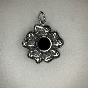 Sterling Silver Black Enamel Flower Pendant Necklace Charm Elegant Filigree